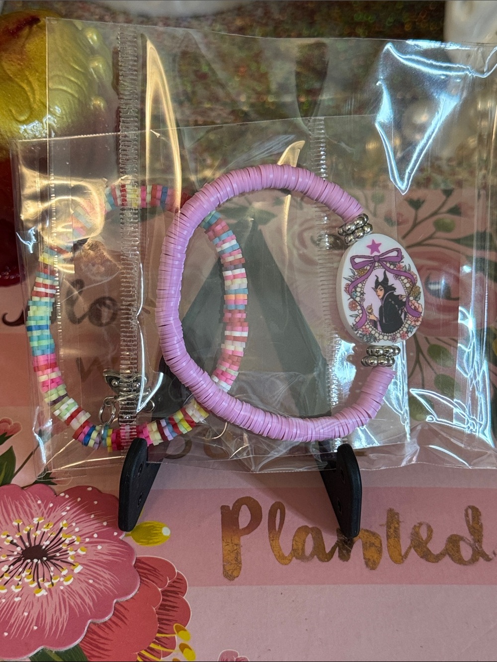 Pink Beaded Charm Bracelet Set - Cute Cat Pendant